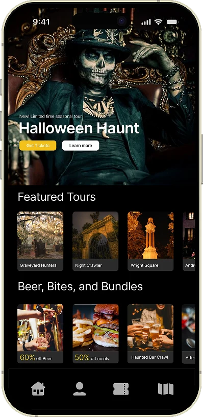 Big Bus Savannah home screen with tour selection